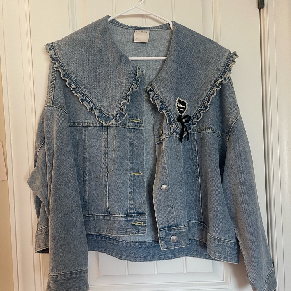 Light Blue Denim Jacket with Ruffled Sailor Collar